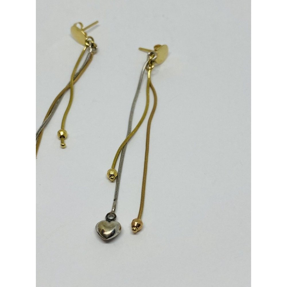 Solid 14k Tri Color 3 strand Omega Dangle Drop Earrings Hearts Beads 3” - Picture 4 of 6